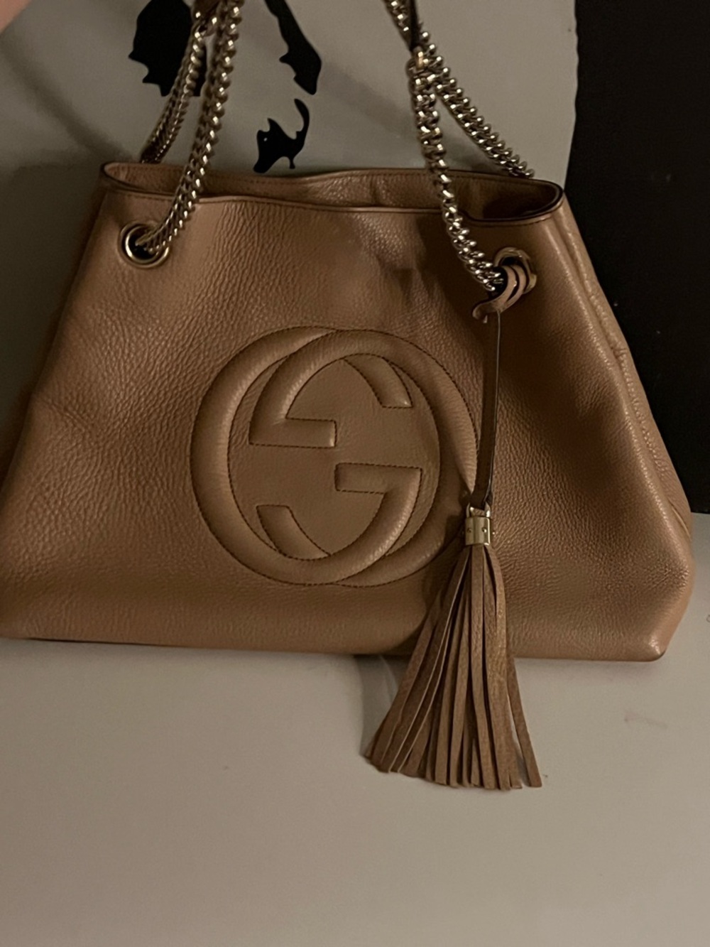 Gucci Tan Pebbled Leather Shoulder Bag with Tassel